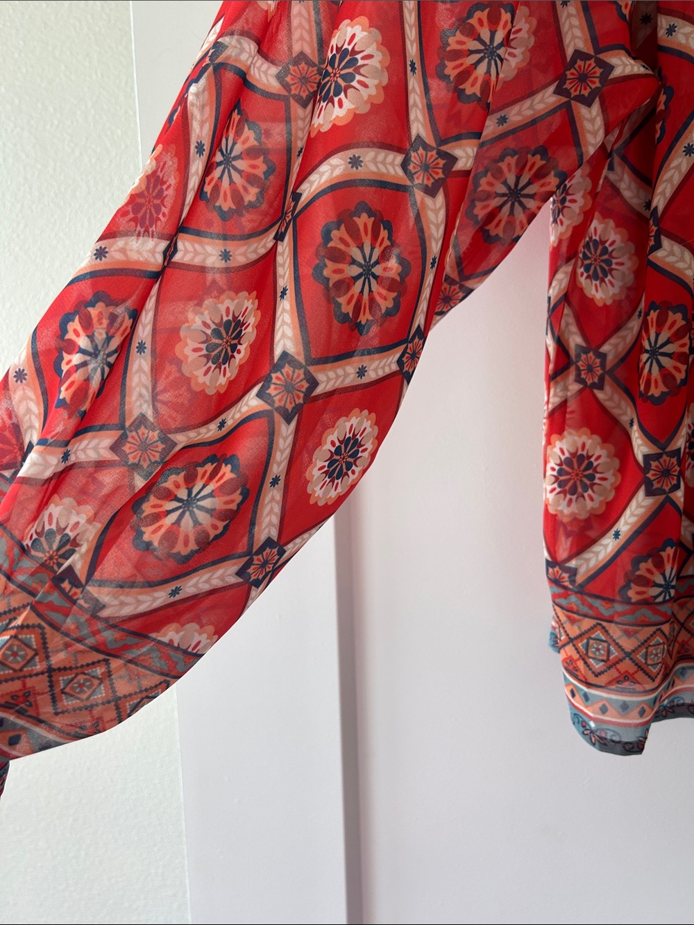 Flying Tomato Red Geometric Tile Print Peasant Blouse - Picture 4 of 5